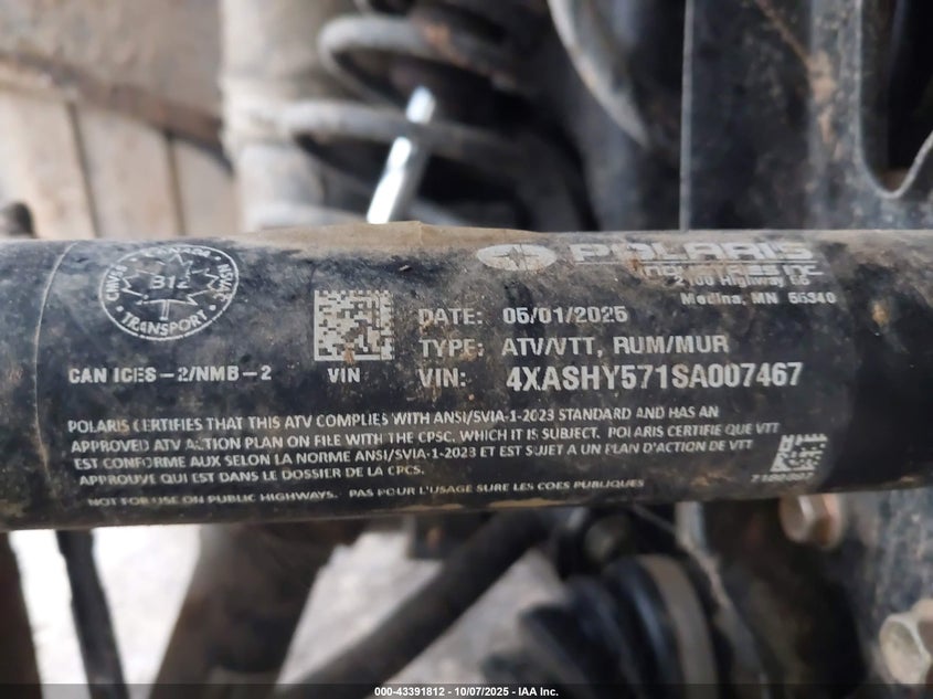 2025 Polaris Sportsman Trail 570 VIN: 4XASHY571SA007467 Lot: 43391812