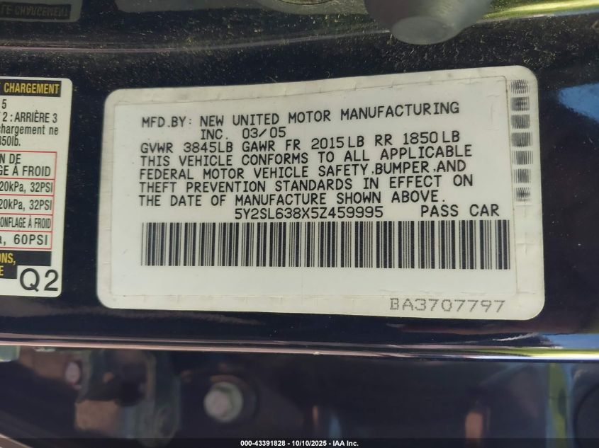 2005 Pontiac Vibe VIN: 5Y2SL638X5Z459995 Lot: 43391828