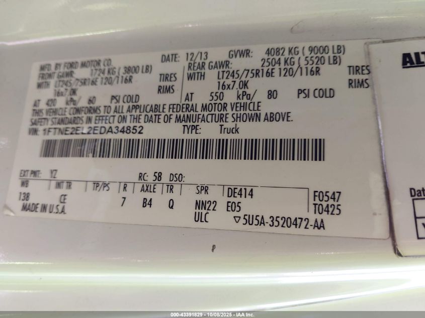 2014 Ford E-250 Commercial VIN: 1FTNE2EL2EDA34852 Lot: 43391829