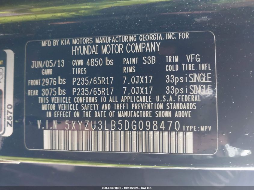2013 Hyundai Santa Fe Sport VIN: 5XYZU3LB5DG098470 Lot: 43391832