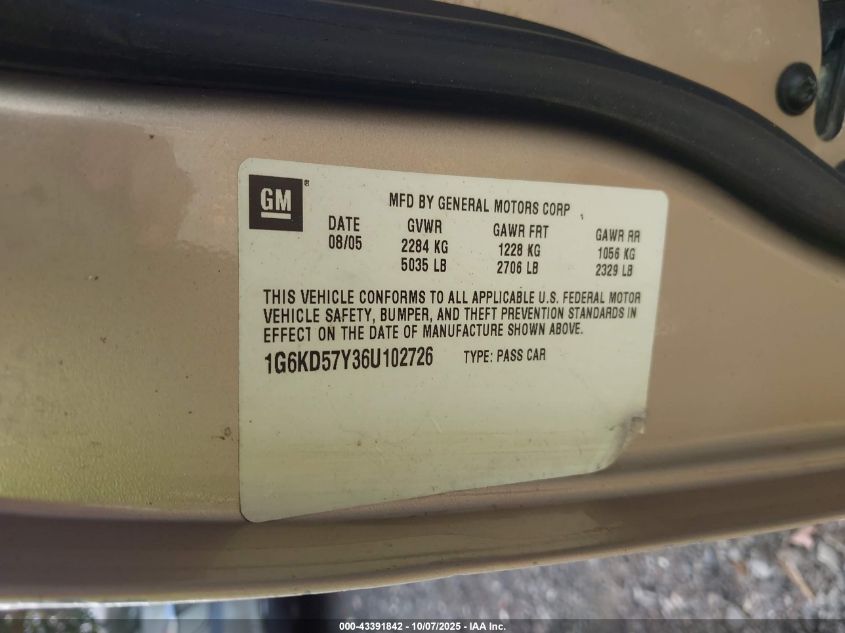 2006 Cadillac Dts Standard VIN: 1G6KD57Y36U102726 Lot: 43391842