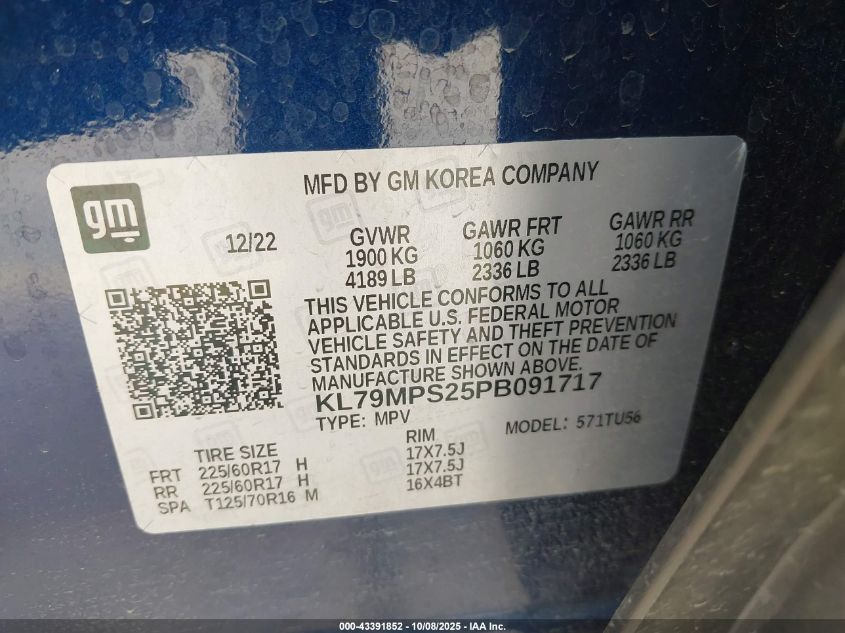 2023 Chevrolet Trailblazer Fwd Lt VIN: KL79MPS25PB091717 Lot: 43391852