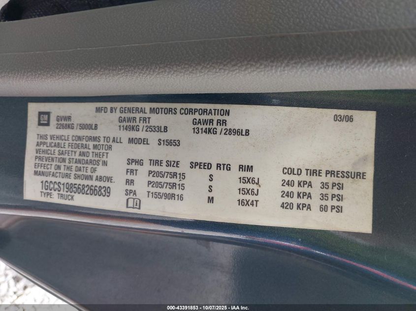 2006 Chevrolet Colorado Ls VIN: 1GCCS198568266839 Lot: 43391853