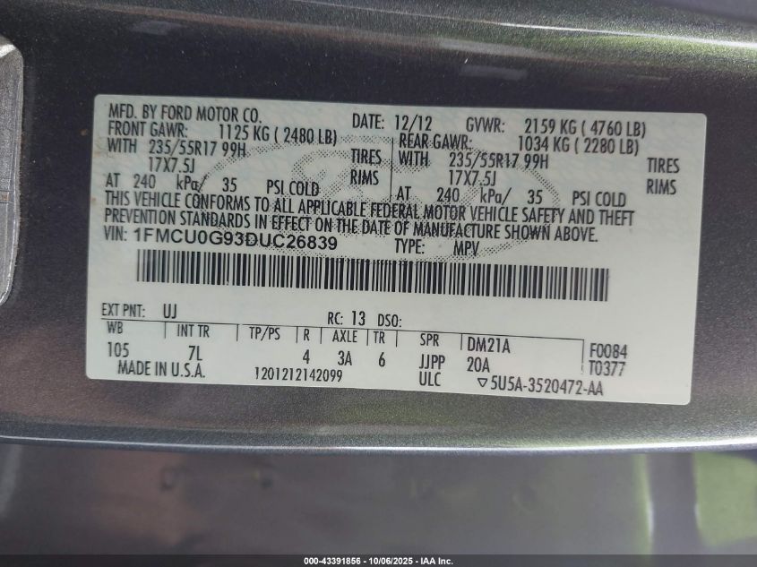 2013 Ford Escape Se VIN: 1FMCU0G93DUC26839 Lot: 43391856