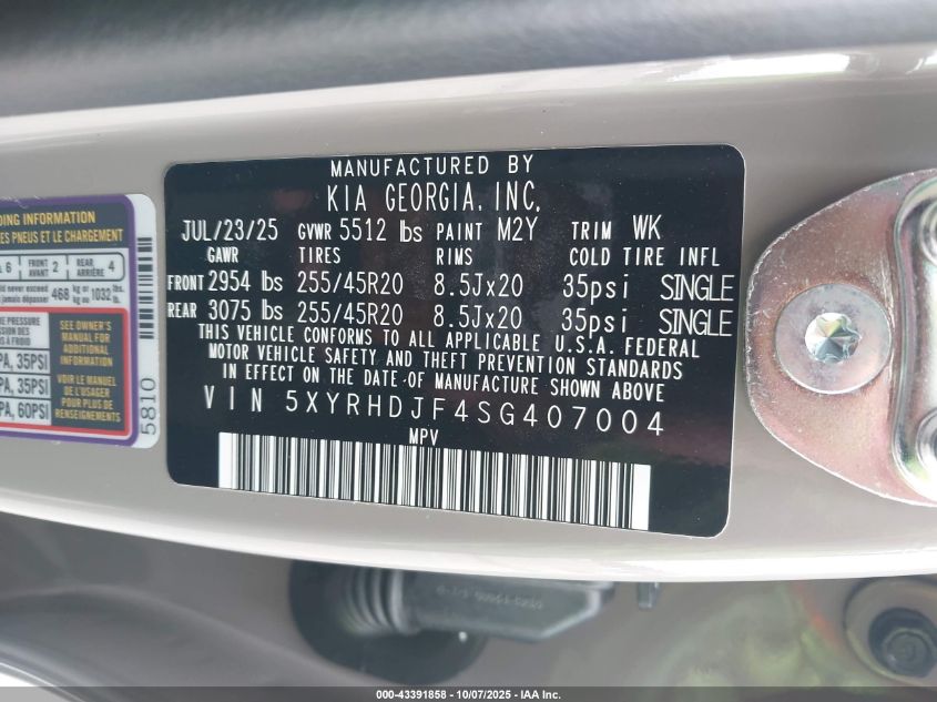 2025 Kia Sorento X-Line Ex VIN: 5XYRHDJF4SG407004 Lot: 43391858