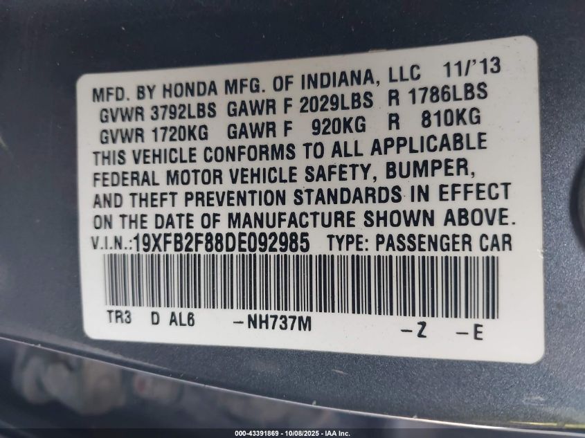 2013 Honda Civic Ex VIN: 19XFB2F88DE092985 Lot: 43391869