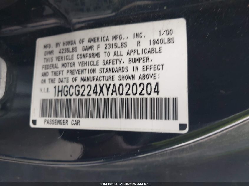 2000 Honda Accord 3.0 Lx VIN: 1HGCG224XYA020204 Lot: 43391887
