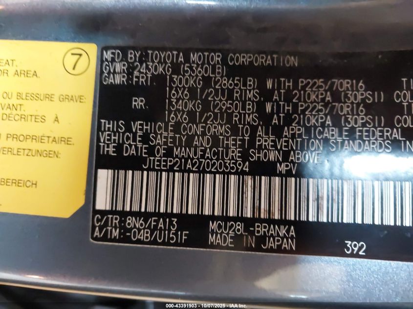 2007 Toyota Highlander V6 VIN: JTEEP21A270203594 Lot: 43391903