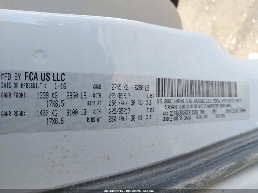 2016 Dodge Grand Caravan Se VIN: 2C4RDGBG0GR314343 Lot: 43391915