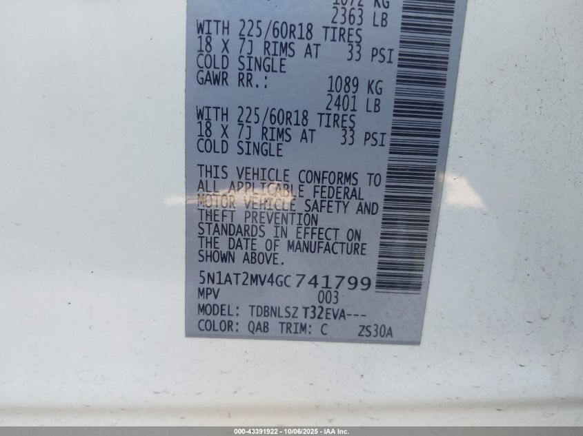 2016 Nissan Rogue Sl VIN: 5N1AT2MV4GC741799 Lot: 43391922