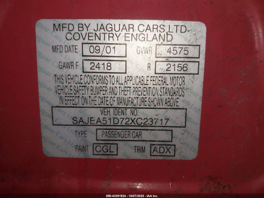 2002 Jaguar X-Type 2.5L VIN: SAJEA51D72XC23717 Lot: 43391924