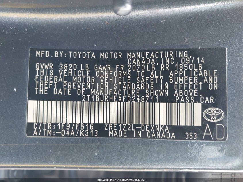 2015 Toyota Corolla Le VIN: 2T1BURHEXFC248711 Lot: 43391927