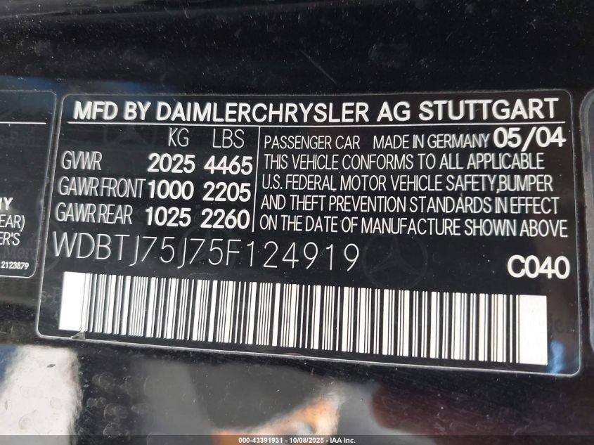2005 Mercedes-Benz Clk 500 VIN: WDBTJ75J75F124919 Lot: 43391931