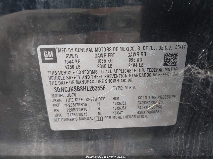 2017 CHEVROLET TRAX LS 3GNCJKSB8HL263556