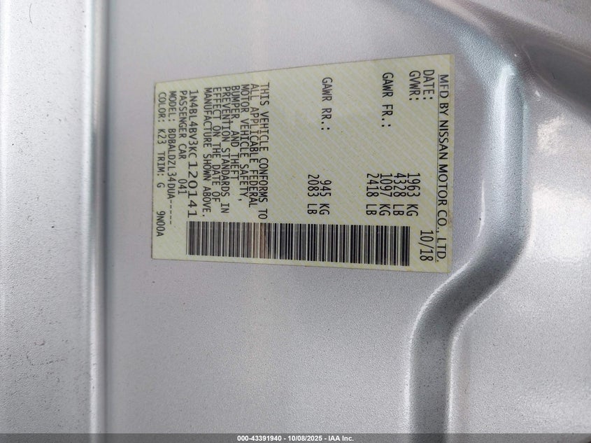 2019 Nissan Altima 2.5 S VIN: 1N4BL4BV3KC120141 Lot: 43391940