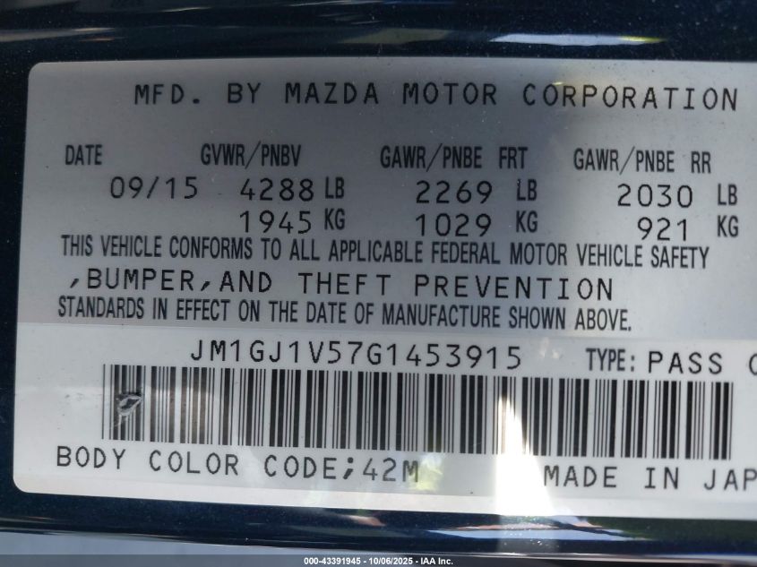 2016 Mazda Mazda6 I Touring VIN: JM1GJ1V57G1453915 Lot: 43391945