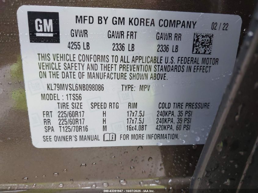 2022 Chevrolet Trailblazer Fwd Activ VIN: KL79MVSL6NB098086 Lot: 43391947