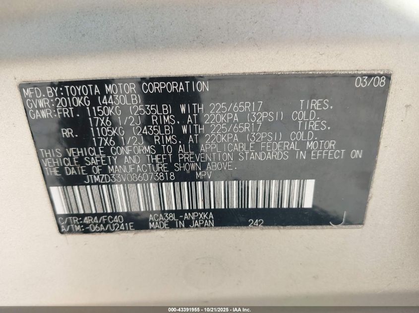 2008 Toyota Rav4 VIN: JTMZD33V086073818 Lot: 43391955