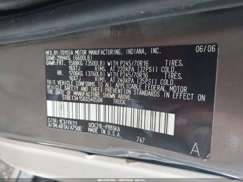 2006 Toyota Tundra Double Cab Sr5 VIN: 5TBET34156S540508 Lot: 43391961