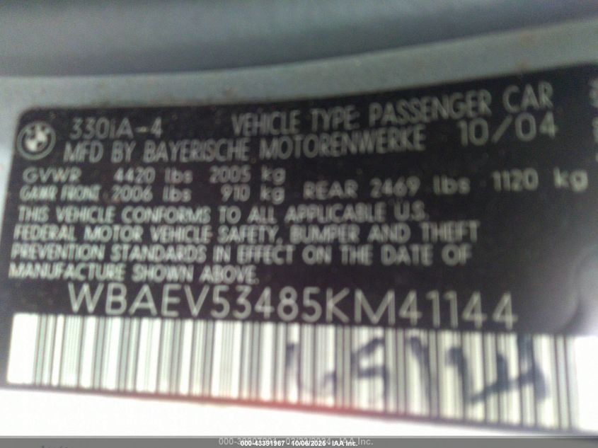 2005 BMW 330I VIN: WBAEV53485KM41144 Lot: 43391967