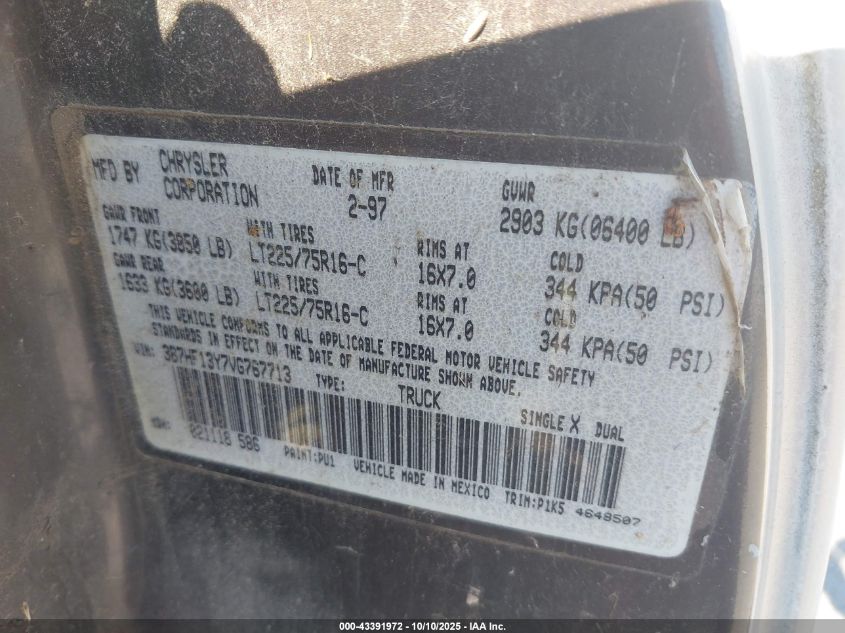 1997 Dodge Ram 1500 St VIN: 3B7HF13Y7VG767713 Lot: 43391972