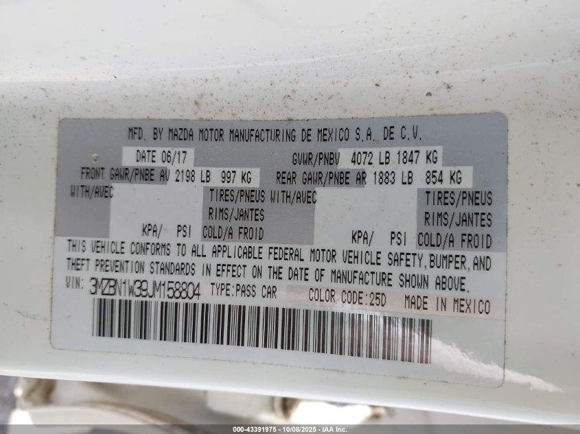 2018 Mazda Mazda3 Grand Touring VIN: 3MZBN1W39JM158804 Lot: 43391975