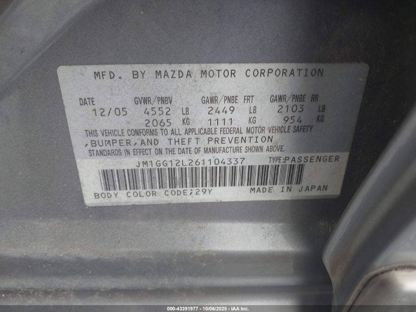 2006 Mazda Mazdaspeed6 Grand Touring VIN: JM1GG12L261104337 Lot: 43391977