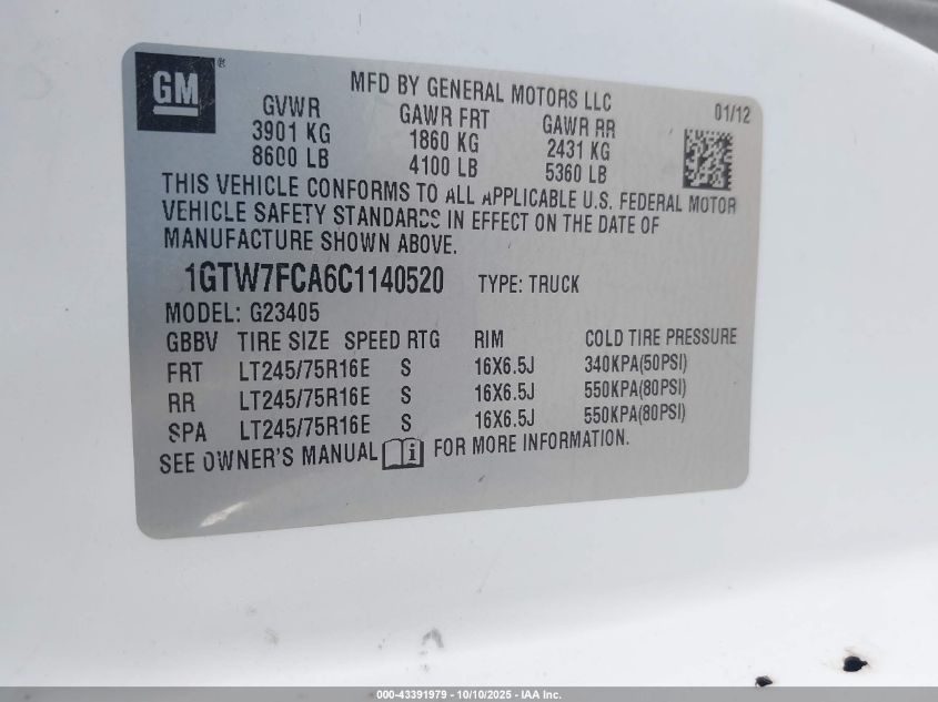 2012 GMC Savana 2500 Work Van VIN: 1GTW7FCA6C1140520 Lot: 43391979