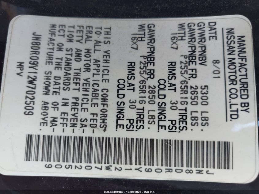 2002 Nissan Pathfinder Se VIN: JN8DR09Y12W702509 Lot: 43391980