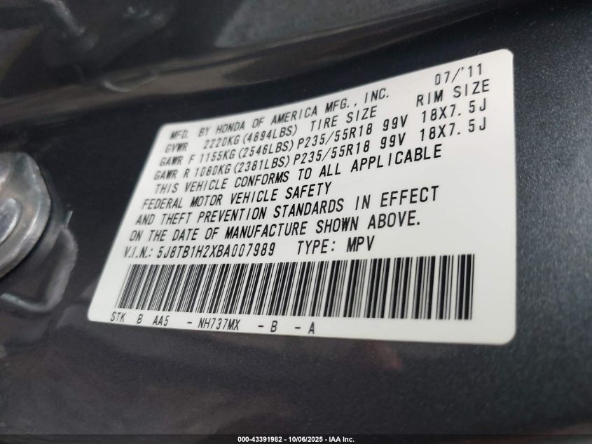 2011 Acura Rdx VIN: 5J8TB1H2XBA007989 Lot: 43391982