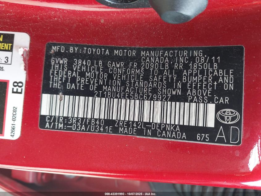 2011 Toyota Corolla Le VIN: 2T1BU4EE5BC679927 Lot: 43391993