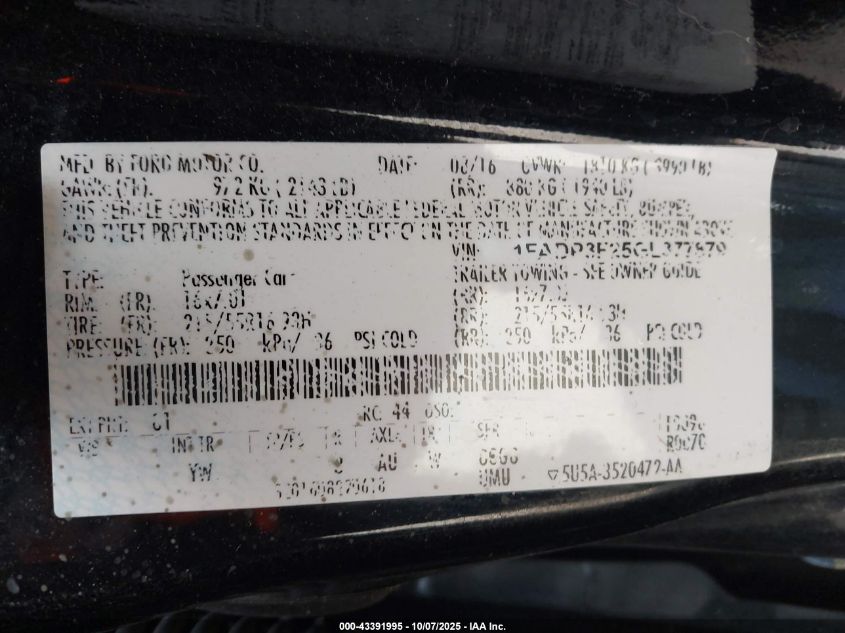 2016 Ford Focus Se VIN: 1FADP3F25GL377879 Lot: 43391995