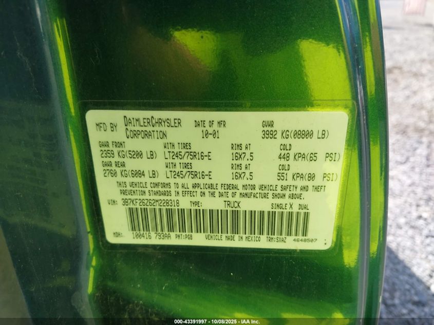 2002 Dodge R25 VIN: 3B7K26Z62M228318 Lot: 43391997