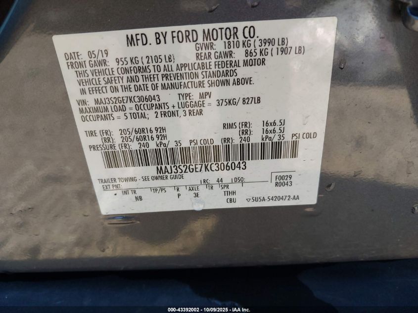 2019 Ford Ecosport Se VIN: MAJ3S2GE7KC306043 Lot: 43392002