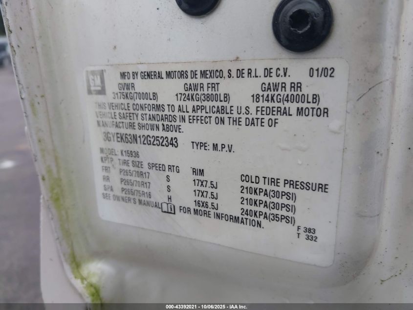 2002 Cadillac Escalade Ext Standard VIN: 3GYEK63N12G252343 Lot: 43392021