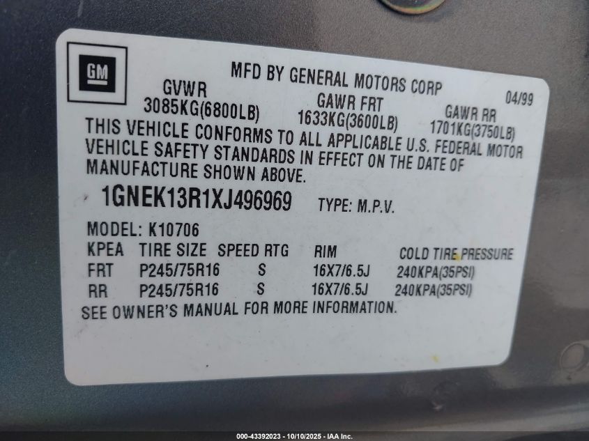 1999 Chevrolet Tahoe Ls VIN: 1GNEK13R1XJ496969 Lot: 43392023