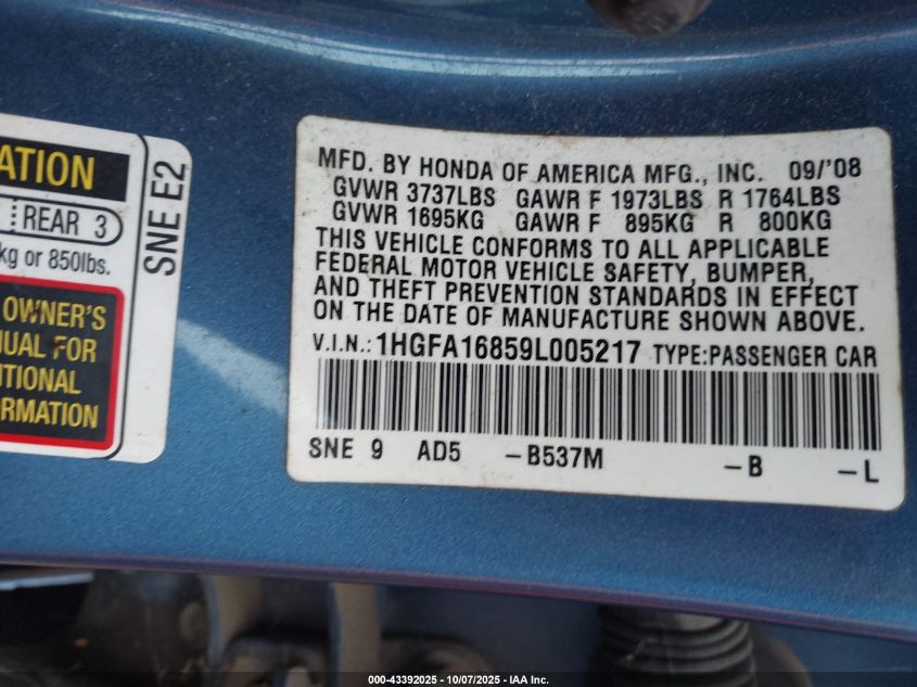 2009 Honda Civic Ex VIN: 1HGFA16859L005217 Lot: 43392025