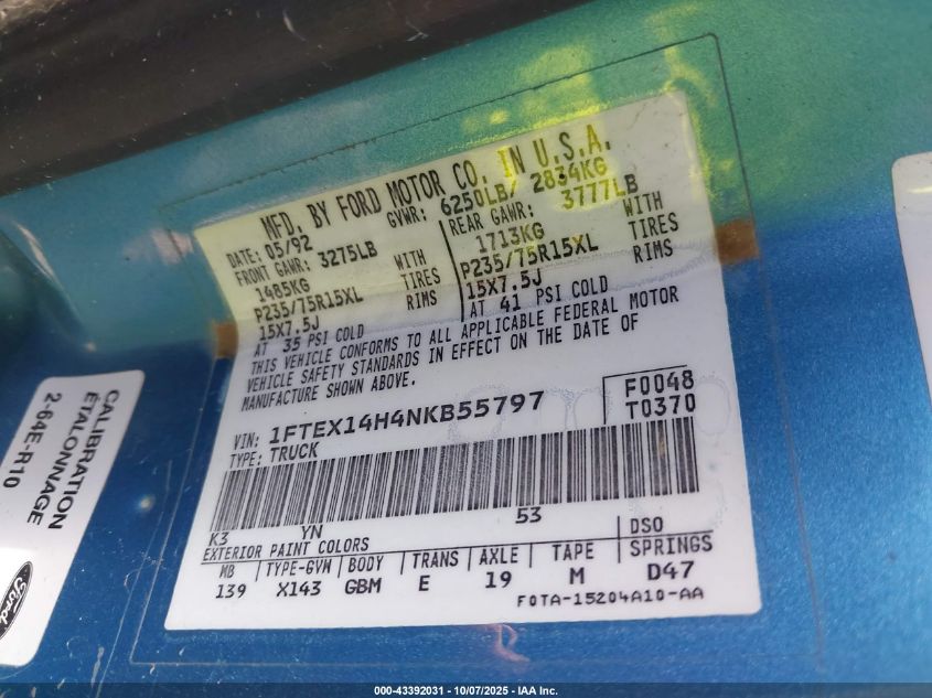 1992 Ford F150 VIN: 1FTEX14H4NKB55797 Lot: 43392031