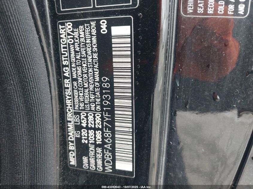 2000 Mercedes-Benz Sl 500 VIN: WDBFA68F7YF193189 Lot: 43392043