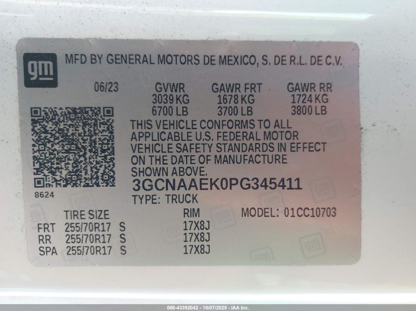 2023 Chevrolet Silverado 1500 2Wd Standard Bed Wt VIN: 3GCNAAEK0PG345411 Lot: 43392042