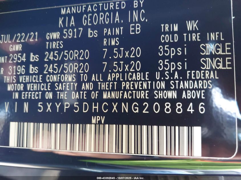 2022 Kia Telluride Sx VIN: 5XYP5DHCXNG208846 Lot: 43392045