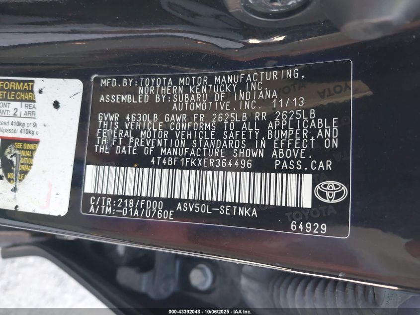 2014 Toyota Camry Le VIN: 4T4BF1FKXER364496 Lot: 43392048