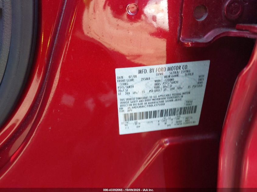 2008 Lincoln Mkx VIN: 2LMDU88C78BJ37059 Lot: 43392065