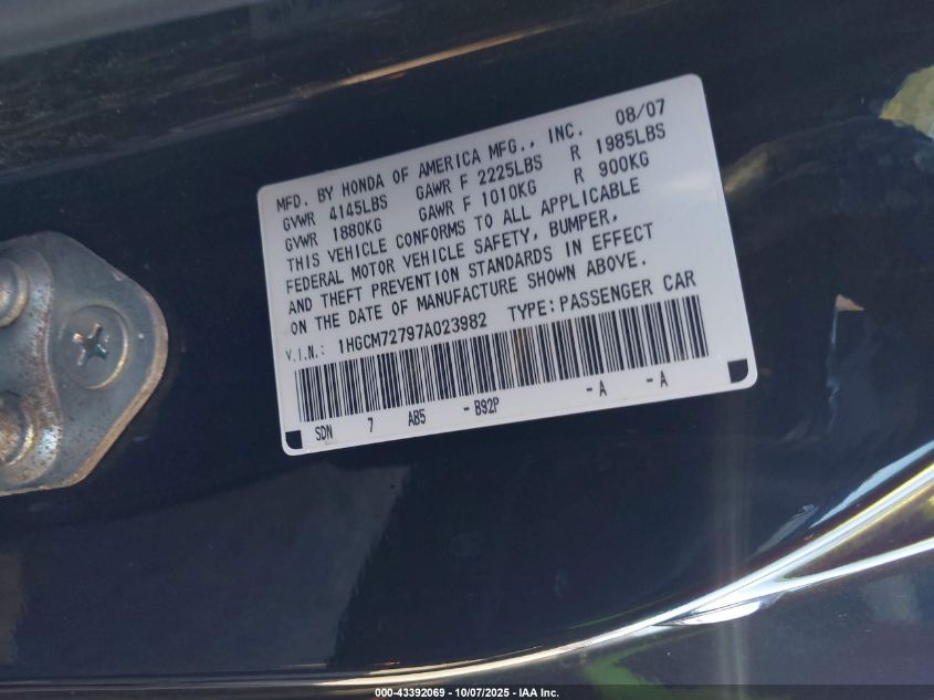 2007 Honda Accord 2.4 Ex VIN: 1HGCM72797A023982 Lot: 43392069