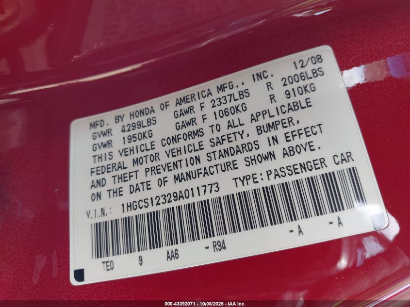 2009 Honda Accord 2.4 Lx-S VIN: 1HGCS12329A011773 Lot: 43392071