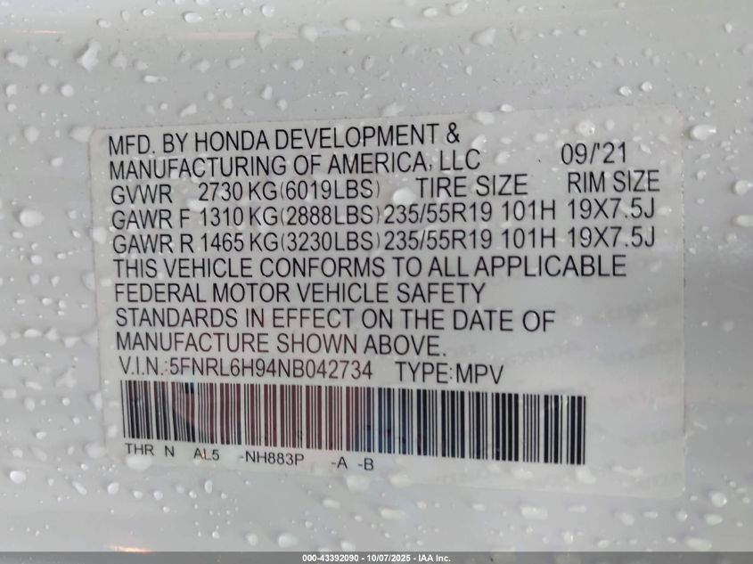 2022 Honda Odyssey Elite VIN: 5FNRL6H94NB042734 Lot: 43392090