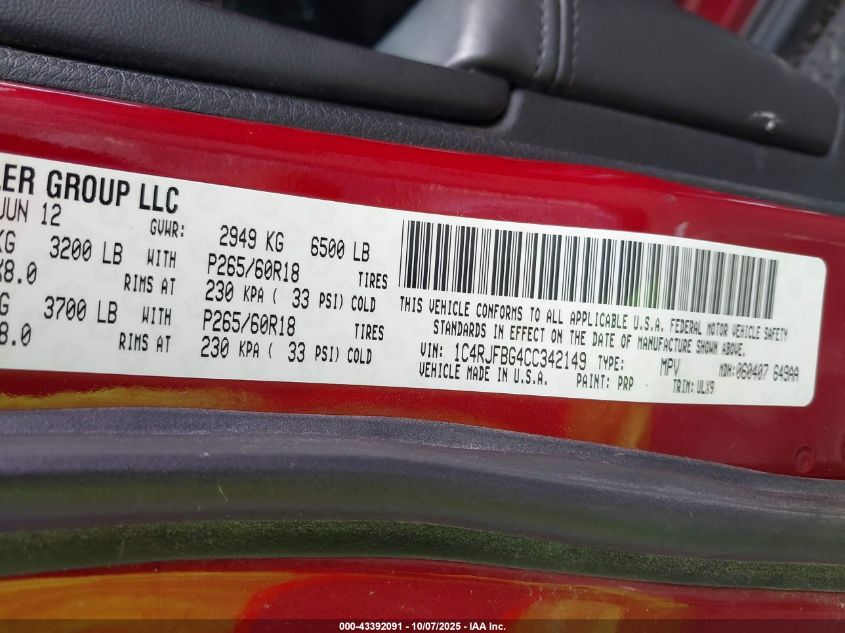 2012 Jeep Grand Cherokee Limited VIN: 1C4RJFBG4CC342149 Lot: 43392091