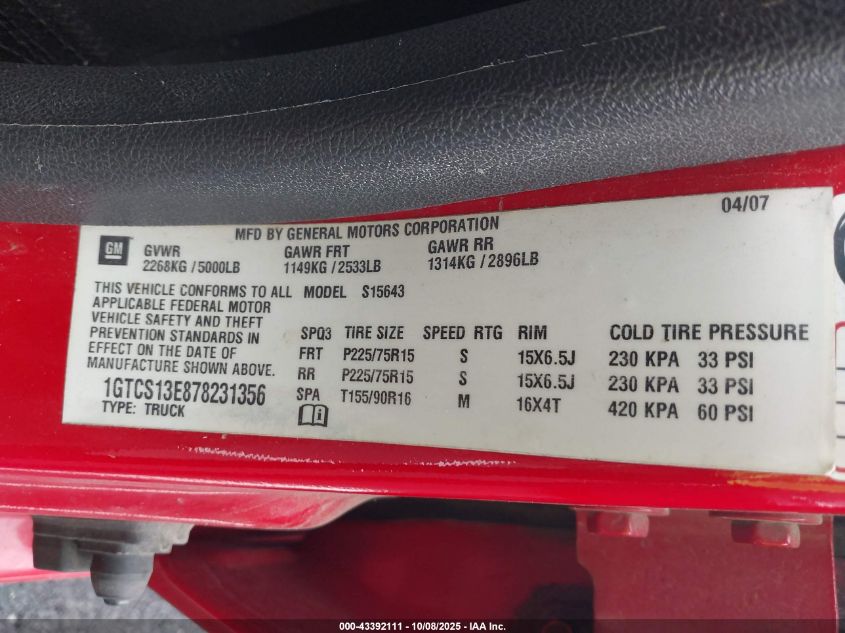 2007 GMC Canyon Slt VIN: 1GTCS13E878231356 Lot: 43392111