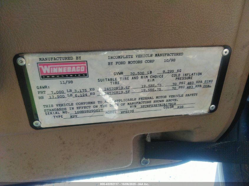 1999 Ford F550 Super Duty Stripped Chass VIN: 3FCNF53S7XJA17918 Lot: 43392117