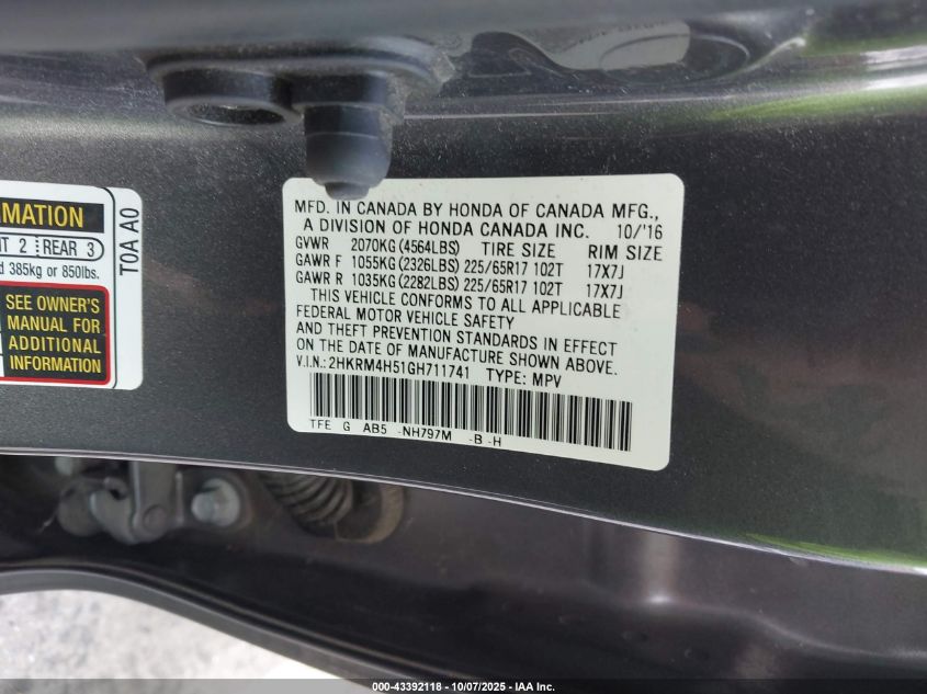 2016 Honda Cr-V Ex VIN: 2HKRM4H51GH711741 Lot: 43392118